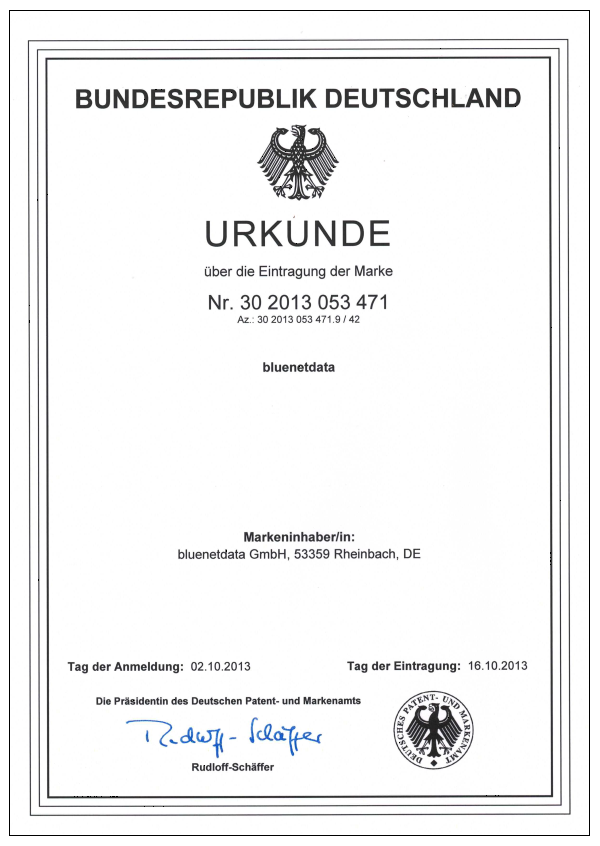2013 - Urkunde der Markeneintragung bluenetdata vom Deutschen Patent- und Markentamt