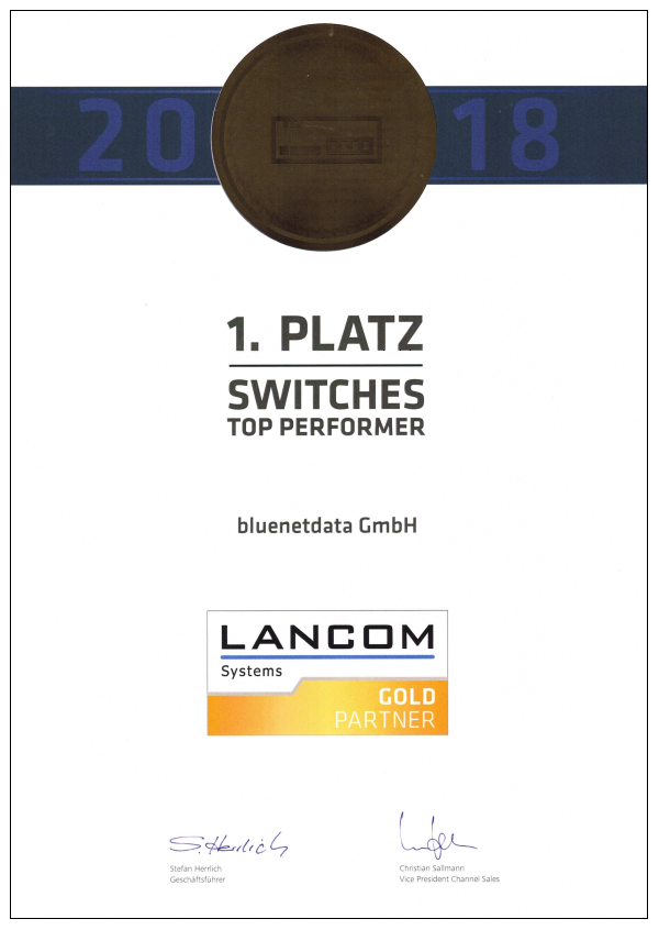 2018 - Auszeichnung LANCOM Gold Partner: 1. Platz SWITCHES TOP PERFORMER